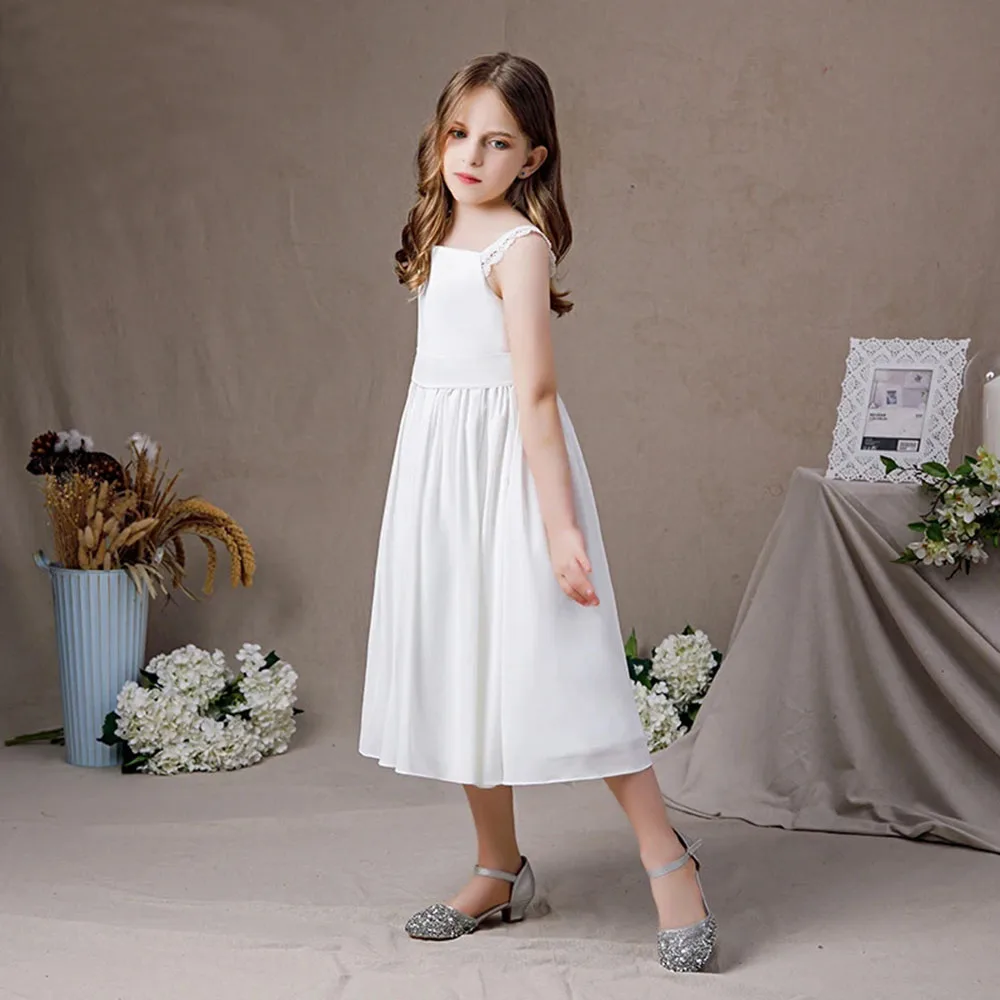 KYDYNQJ White Chiffon Girls First Communion Dress Simple Kid Birthday Party Tea-Length Sleeveless Junior Bridesmaid Gown