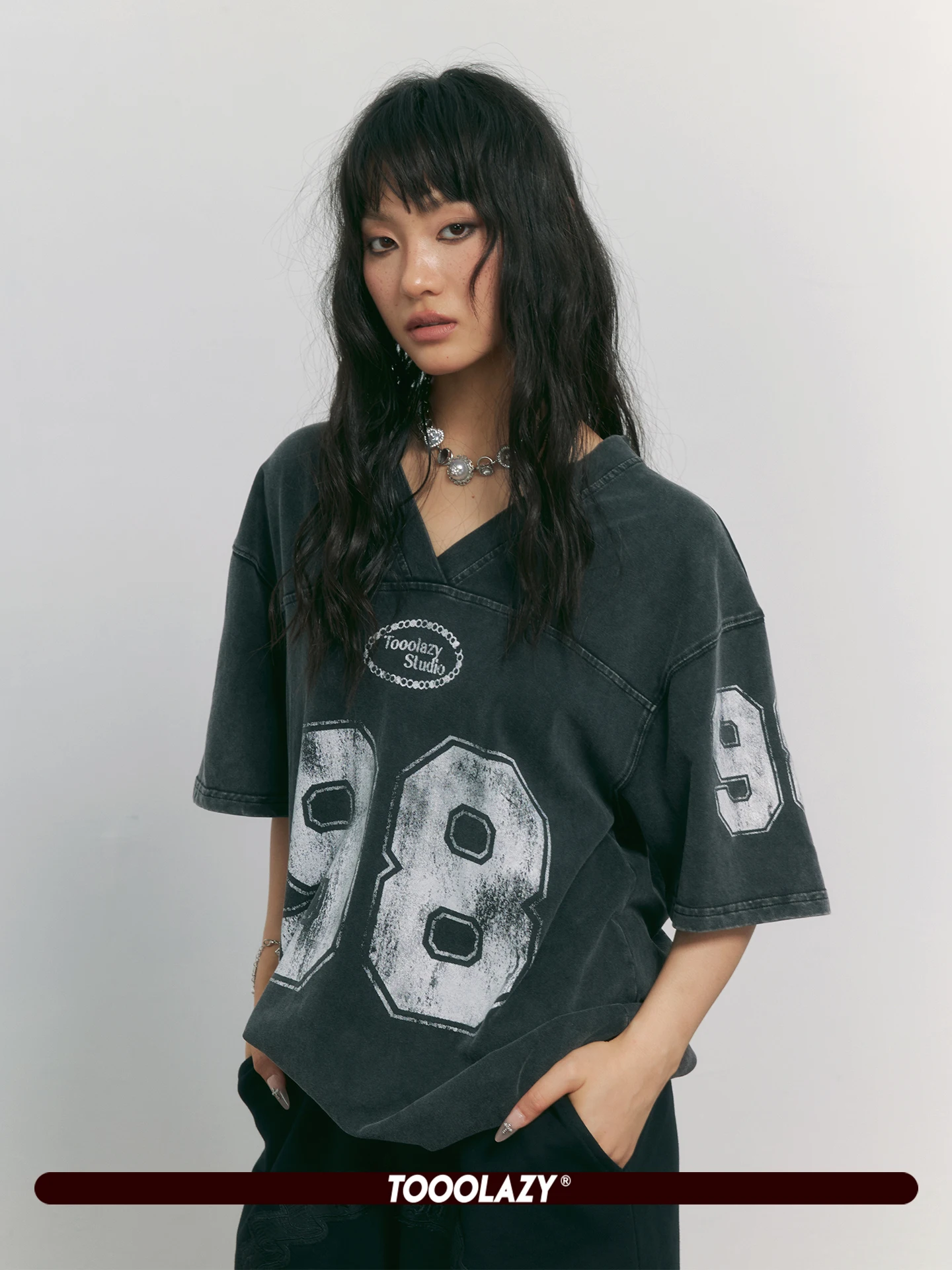TooLazy American Retro Sport Ball Jersey V-Neck Number Print Loose Short Sleeve T-Shirt Women Slimming High Street Cotton Tee