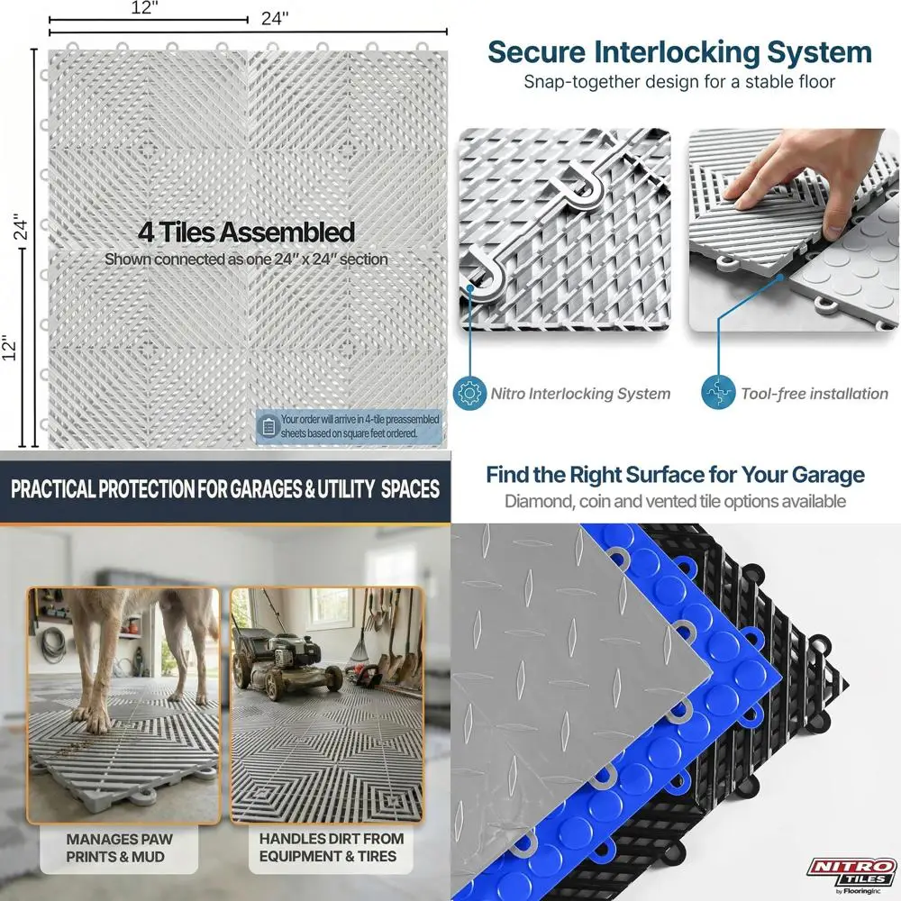 

12 x 12 Self-Draining Interlocking Floor Tiles for Garages, Basements, and Wet Areas - Heavy-Duty Polypropylene, Gunmetal, 24 Pa