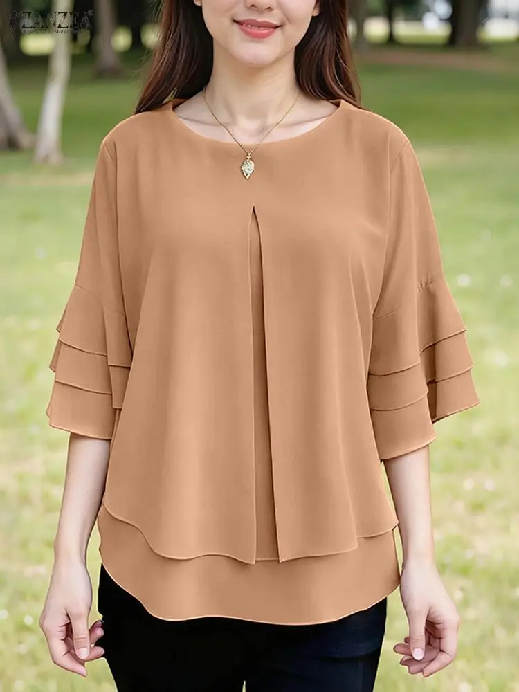 

Стильная женская свободная блузка ZANZEA, летняя модная рубашка, повседневная блузка с круглым вырезом и рукавами 3/4, женские элегантные рабочие топы большого размера 2025