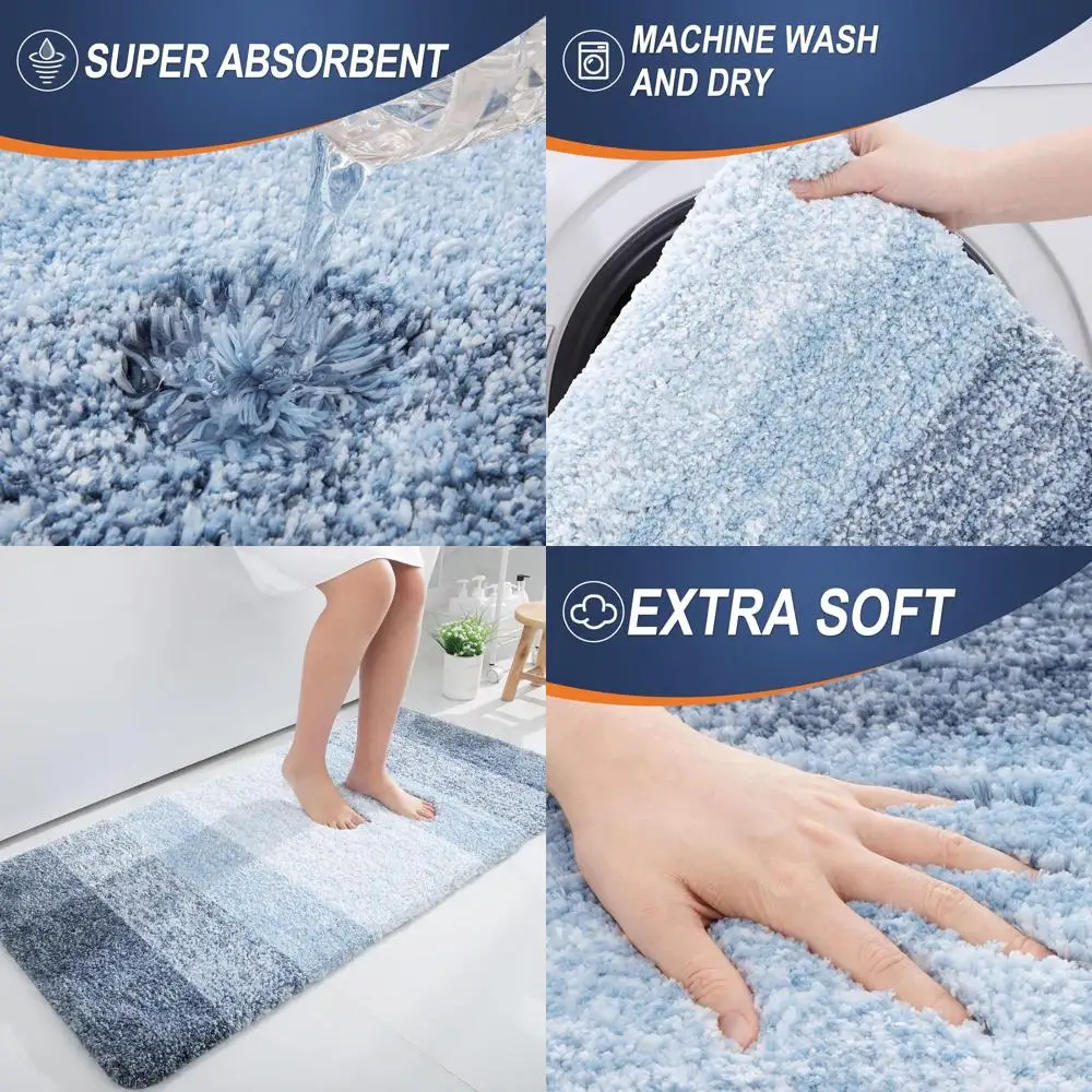 

45x27 Soft Microfiber Bath Runner Rugs with Rubber Backing, Quick-Dry, Machine Washable for Bathroom, Tub, Shower, Blue
