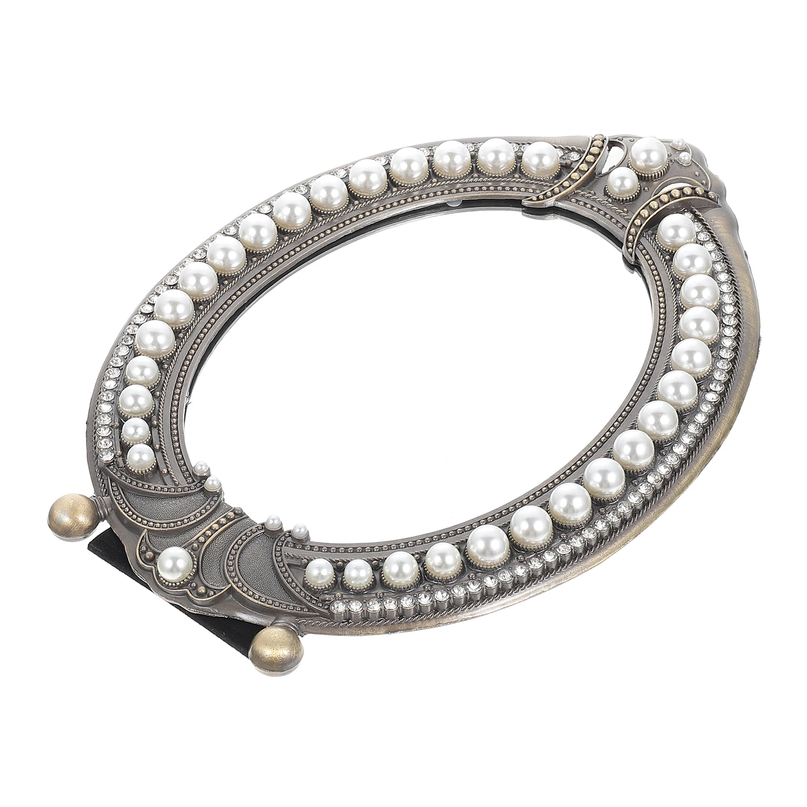 

Vintage Pearl Makeup Mirror Desktop Standing Zinc Alloy Retro Table Vanity Dresser Decor for Bedroom Women Beauty Compact