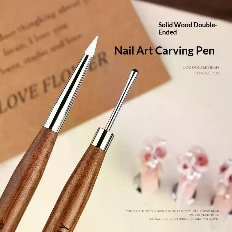 Wooden Double Head Nail Art Brush Silicone Carving Pen Nail Supplies Carving Flower Painting Pen For Nail Art Tool