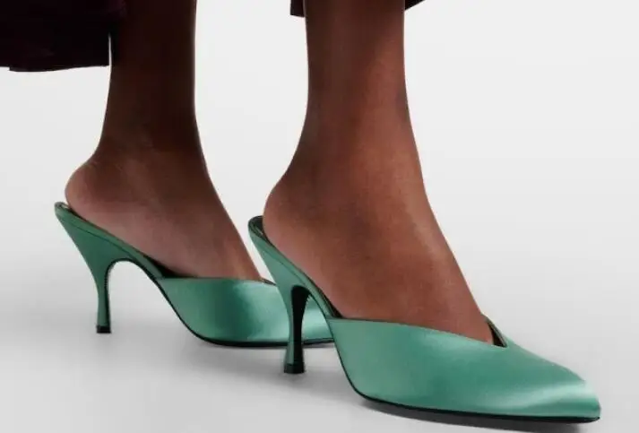 Elegant Women Lake Blue Satin Solid Shallow V High Heel Mules Summer Pointed Toe Pull On Thin Heels Modern Slippers Slide Sandal