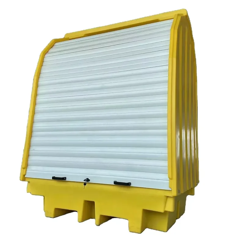 Outdoor hard lid bucket overflow tray with lockable rolling shutter door