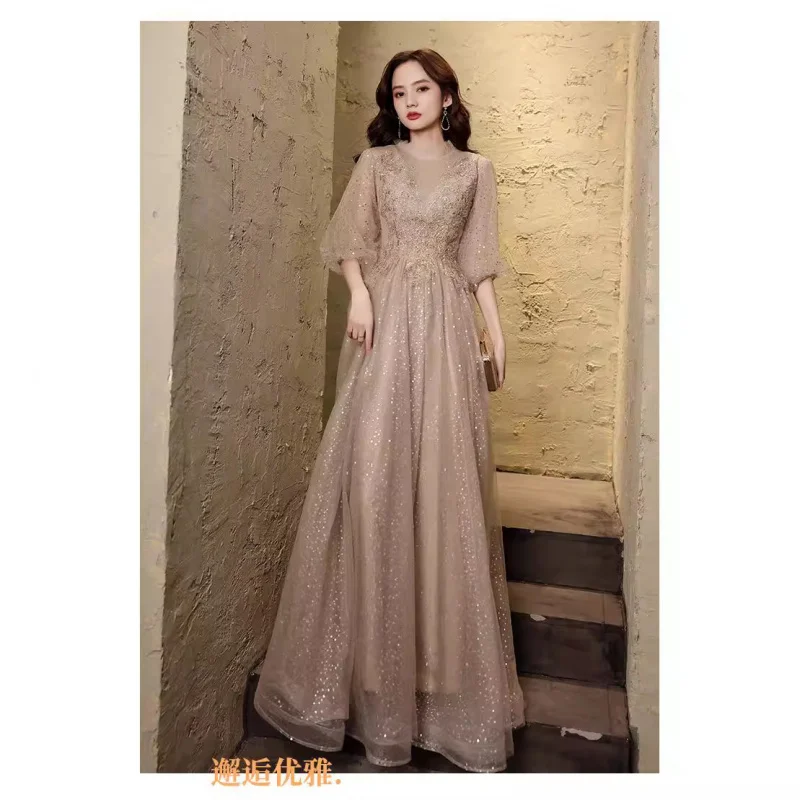 

Annual Party Evening Women 2024 New Elegant Ladies Banquet Fairy Long Champagne Dress