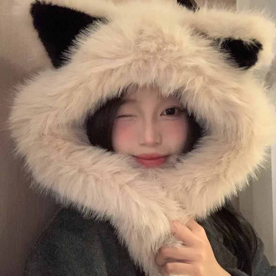 New Sweet Hot Girl Thick Fox Ear Hat Women'S Autumn And Winter Cut Furry Scarf Bomber Hats Fashion Female Trendy Accessories