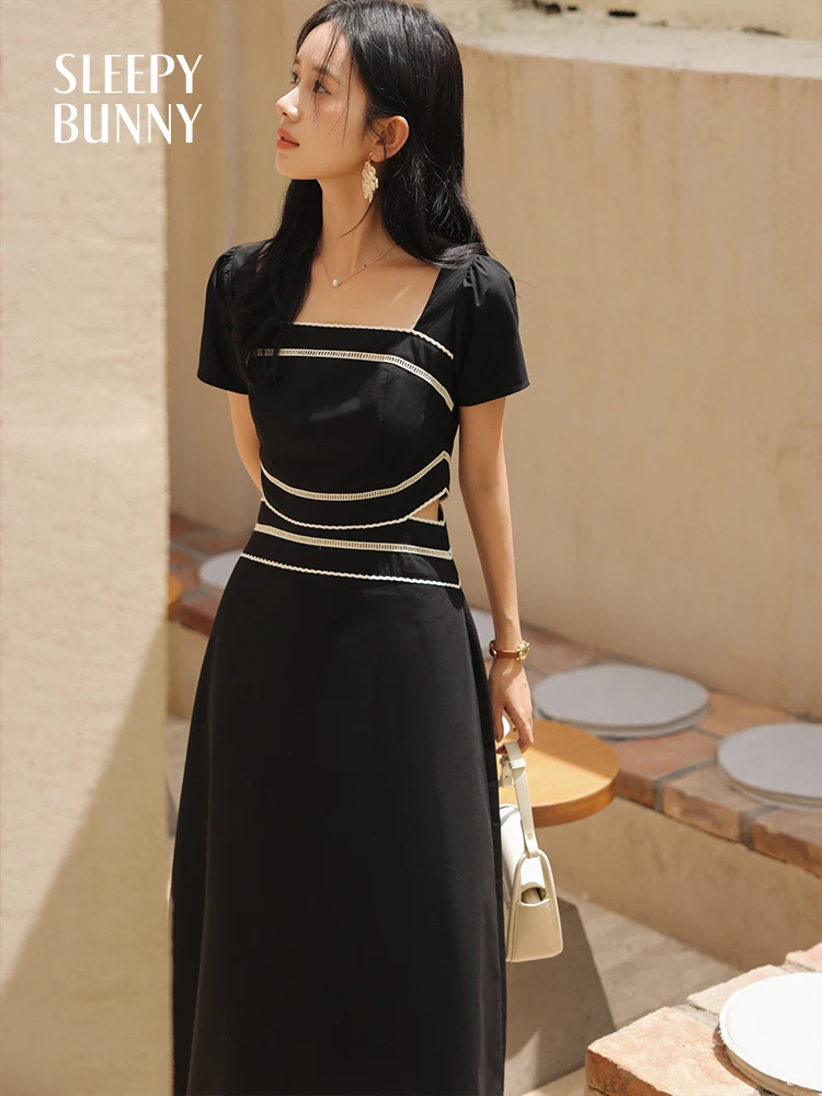 Elegant Lace Hollow Out Black Midi Dress for Women Summer Slim Fit Short Sleeve A-Line Gown Chic Waist Cutout Patchwork Outfit