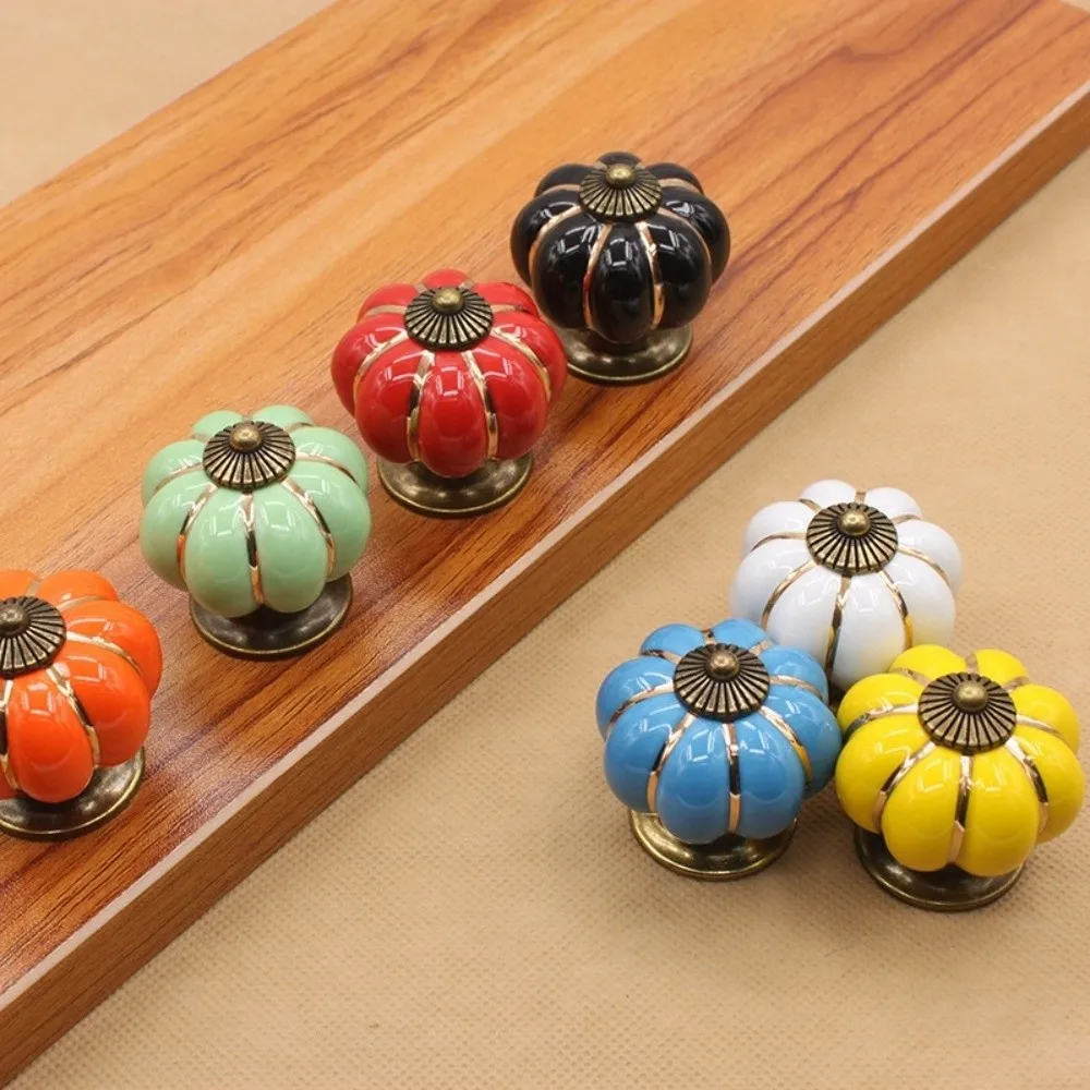 Vintage Pumpkin Shape Cabinet Handles Single Hole Round Shape Door Knobs Colorful Decorative Cabinet Pulls Furniture Doors