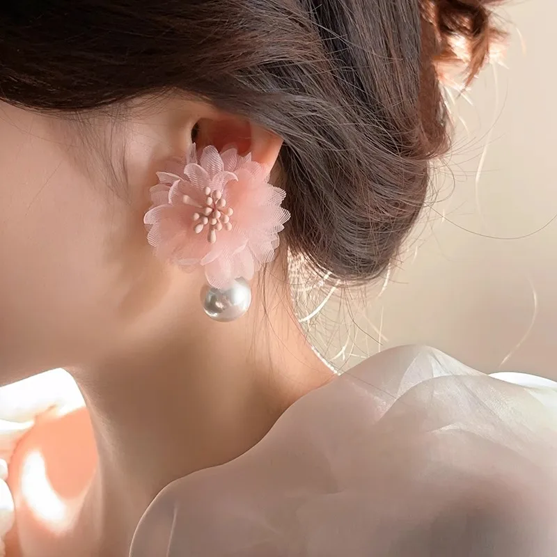 Korean Fashion Fabric Pink Flower Pendant Earrings For Women Romantic Sweet Flower Pearl Stud Earrings Wedding Party Jewelry