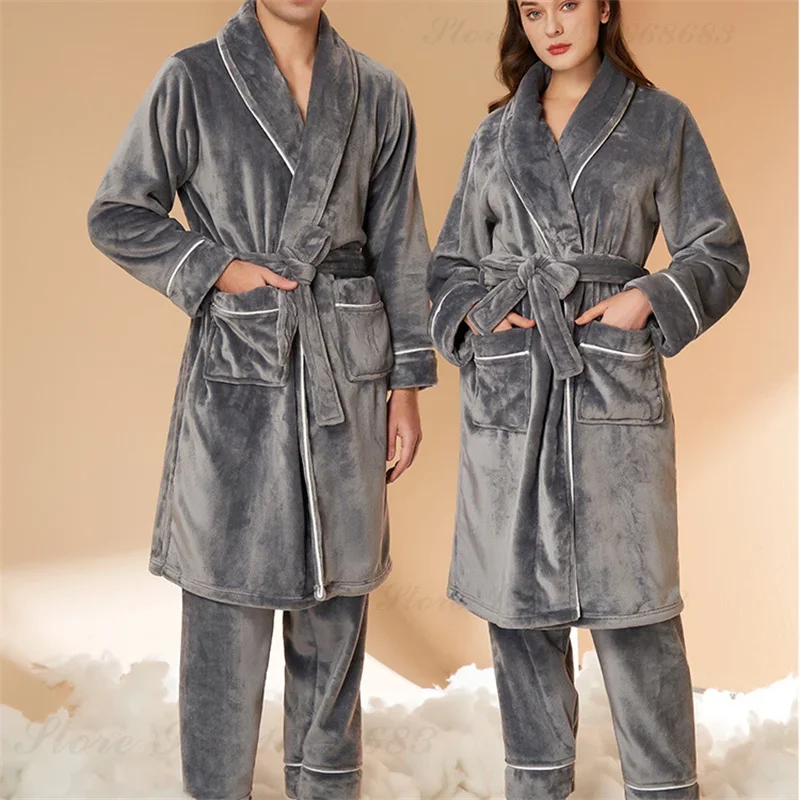 Couple Thicken Plush Robe Sleepwear Autumn Winter Coral Fleece Pajamas Set Women Home Clothing Loose Casual Flannel Lounge Wear