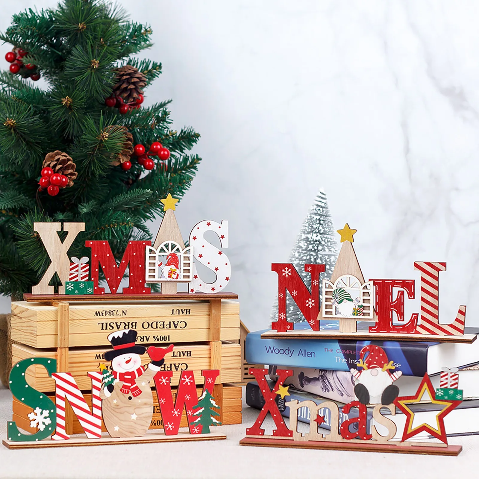 Christmas Wooden Decorations Creative Santa Claus Snowman Elk Letter Ornaments Xmas Home Holiday Desktop Ornaments