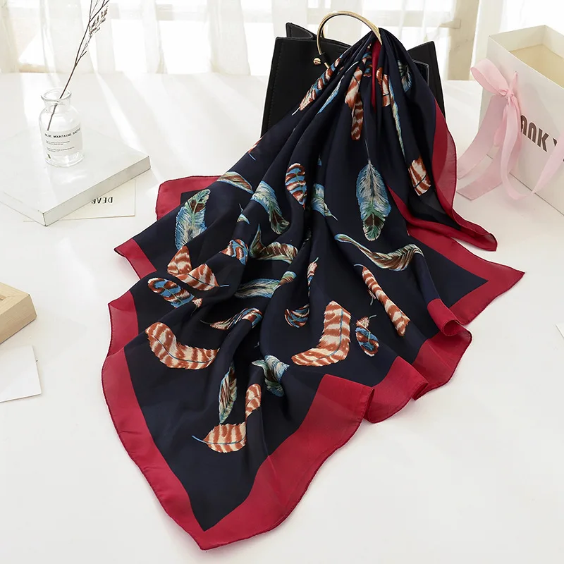 

New Fashion Ladies Satin Silk Feather Square Scarf 90*90cm Women Neck Hair Tie Band Bag Warp Soft Neckerchief Hijab Headscarf