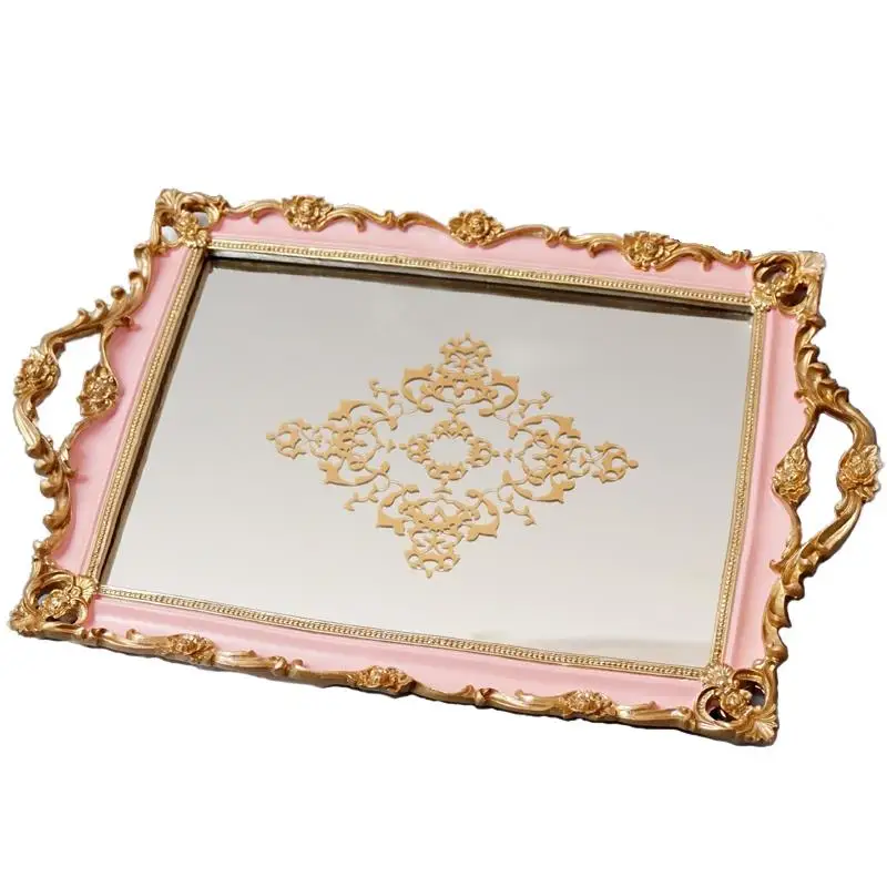 French Pink Rectangular Storage Tray Retro Resin Carving Mirror Glass Coffee Table Cake Stand Wedding Decoration