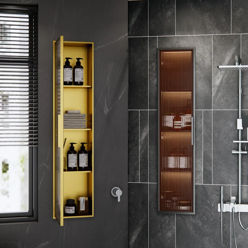 

304 stainless steel niche cabinet shading door glass storage niche embedded finished bathroom bathroom rack