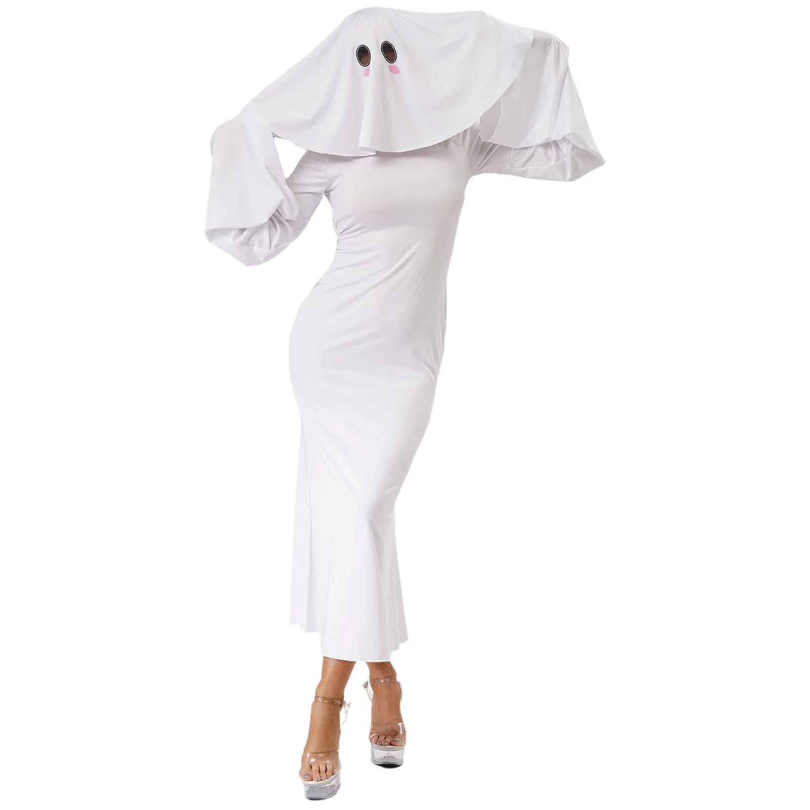 

Women Ghost Cosplay White Dress Long Flared Sleeve Lace-up Back Dress with Head Cover And Sash for Halloween Cosplay Dress Up