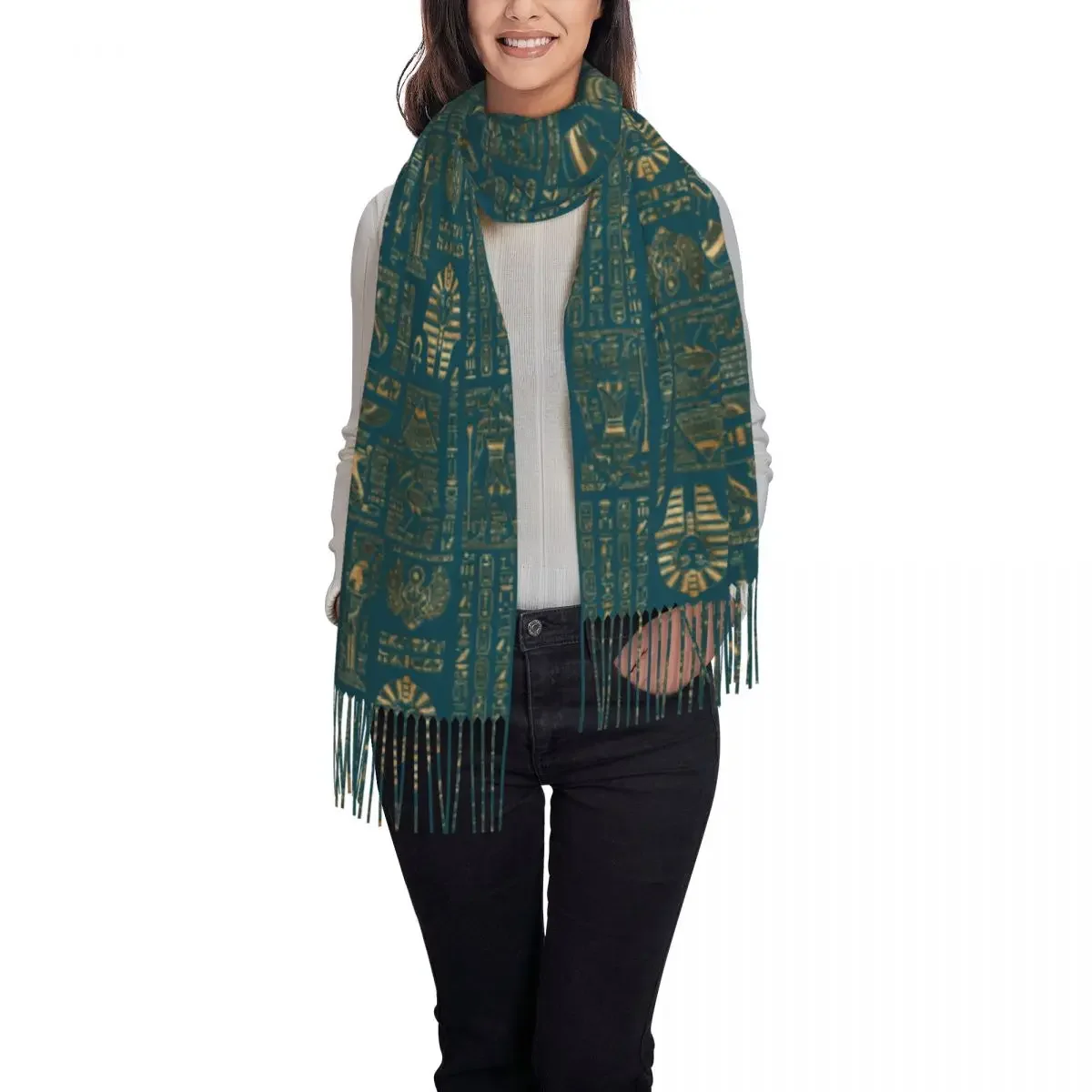 Egyptian Hieroglyphs And Deities Tassel Scarf Women Soft Ancient Egypt Pharaoh Shawls Wraps Lady Winter Scarves