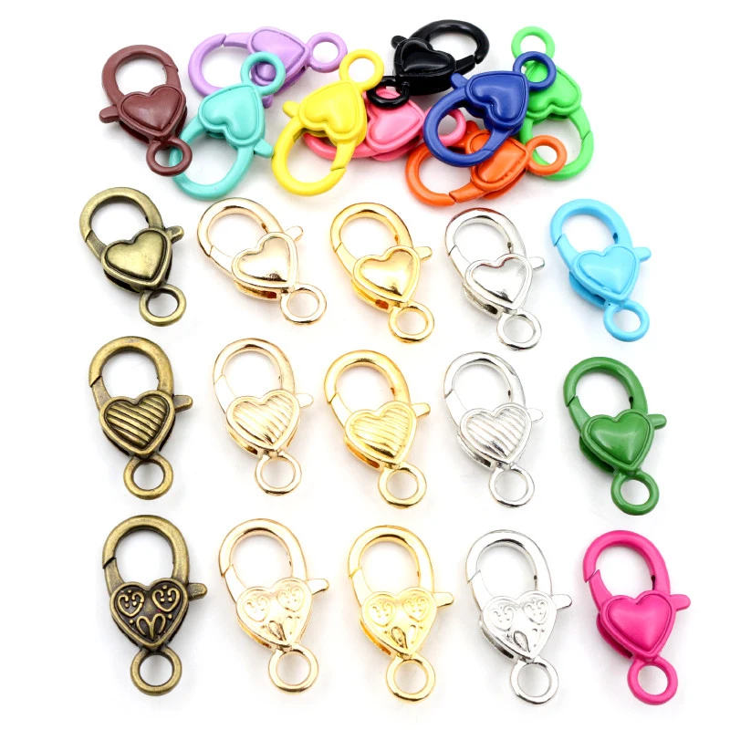 10pcs 26x19mm Gold Silver Plated Colorful Heart Jewelry Findings,Lobster Clasp Hooks for Necklace Bracelet Chain DIY Making