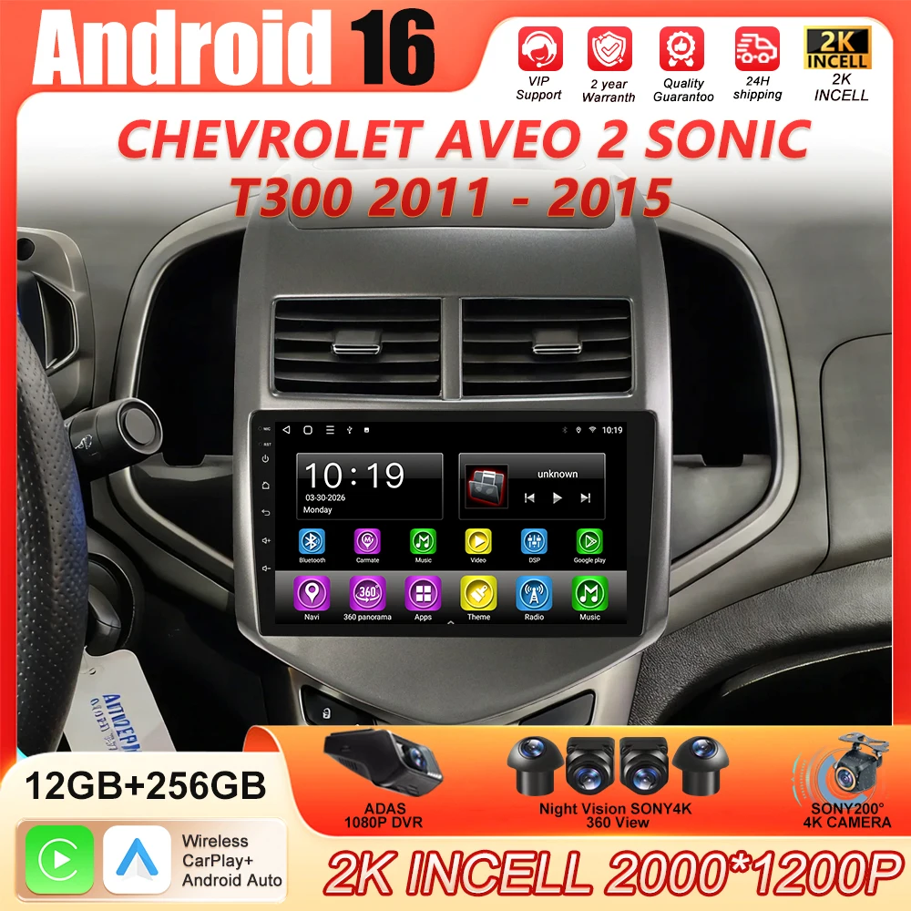 2din Carplay Auto For Chevrolet Aveo2 Sonic T300 2011-2015 Android 16 8 Core Car Radio Multimedia Radio Player GPS Navigation BT