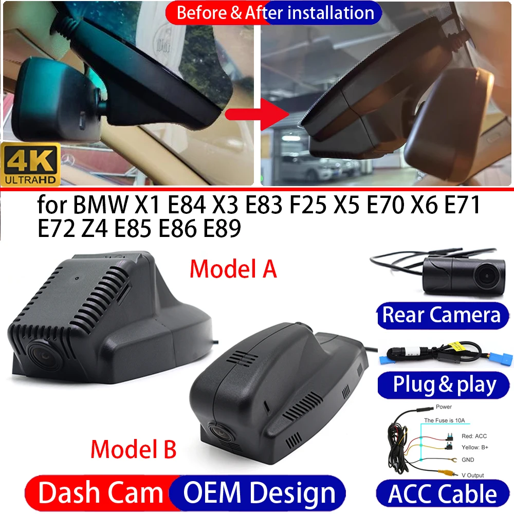 Dash Cam for BMW X1 E84 X3 E83 F25 X5 E70 X6 E71 E72 Z4 E85 E86 E89 Front Rear 4K Car DVR Driving Recorder Dashboard Camera