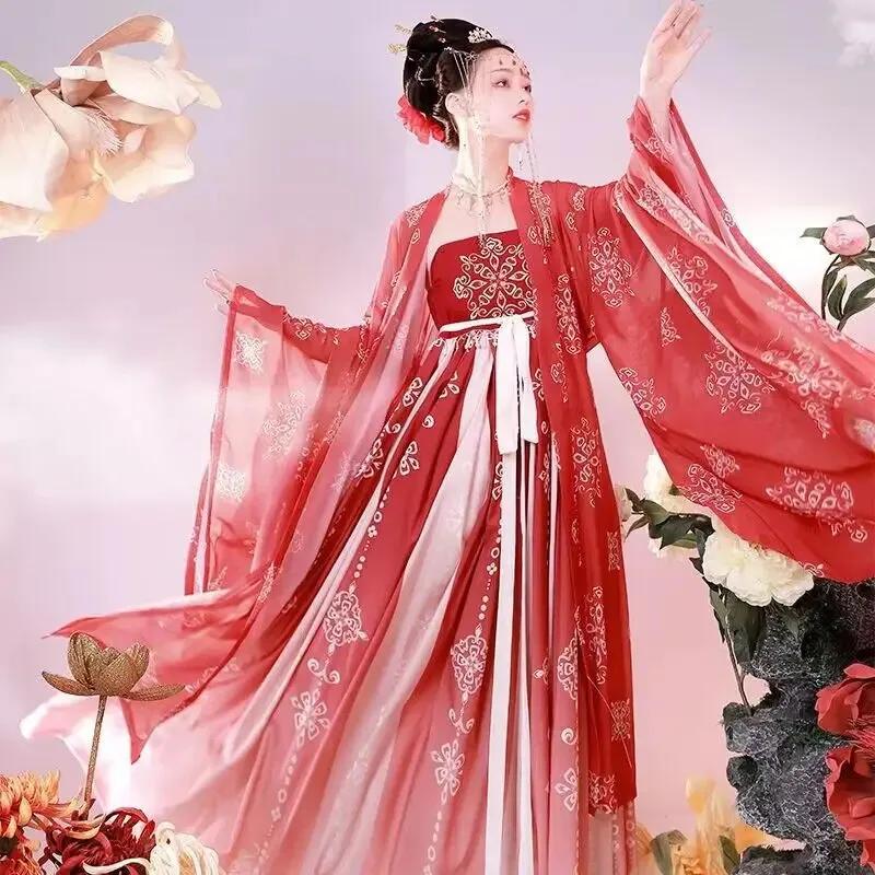 

Hanfu women Chinese traditional cosplay costume Tang dynasty ancient Hanfu summer dress red & green stage dance dress