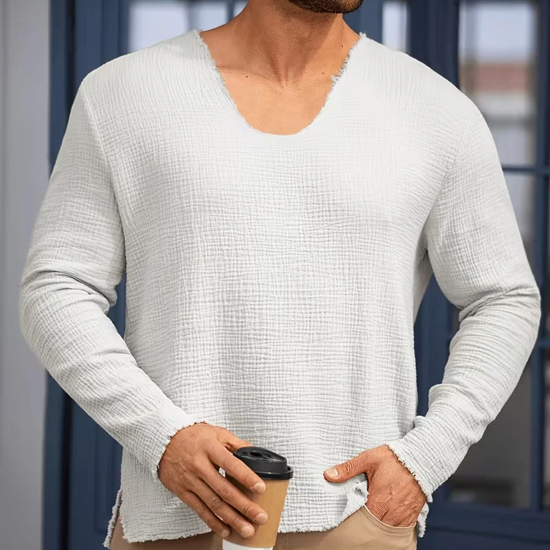 Spring Autumn Men's Casual Long Sleeve T-shirt Cotton Soft Fabric Solid Color U-neck Fashion Ripped Style Versatile Streetwear