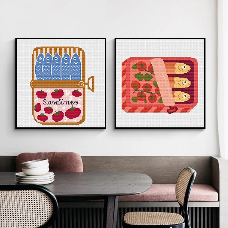 Cross Stitch Series of Canned Sardine Poster Print Canvas Art Pictures Home for Kitchen Wall Modern Decor Frameless Painting