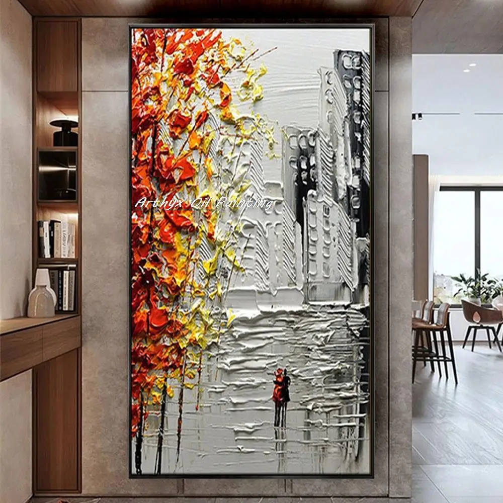 Arthyx Handmade Thick Texture Abstract City Landscape Oil Paintings On Canvas,Modern Wall Art,Picture For Living Room,Home Decor