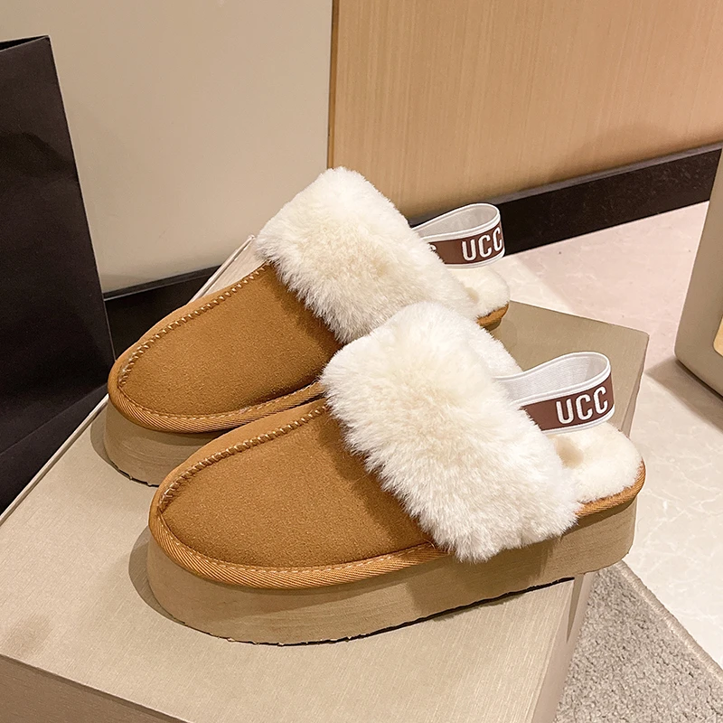 2023 Nieuwe Lederen Damesmode Winter Indoor Effen Kleur Suède Bont Slippers Dames Thuis Platform Warme Slip-On Damesschoenen