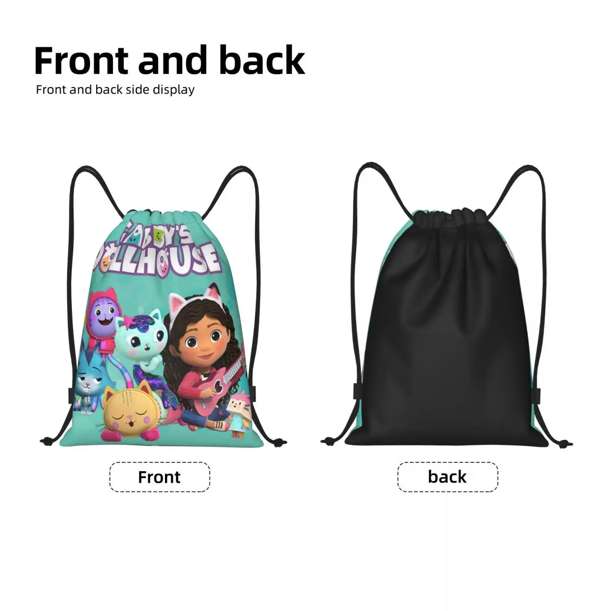 Gabbys Dollhouse Drawstring Backpack Women Men Sport Gym Sackpack Foldable Cartoon Mermaid Training Bag Sack