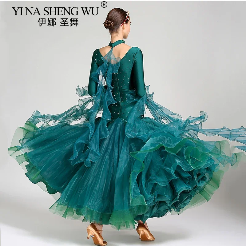 Woman Modern Dance Dress Ballroom Dancing Competition Clothes Waltz Performance V Neck Fluffy Hemline Dress Long Sleeves Dress