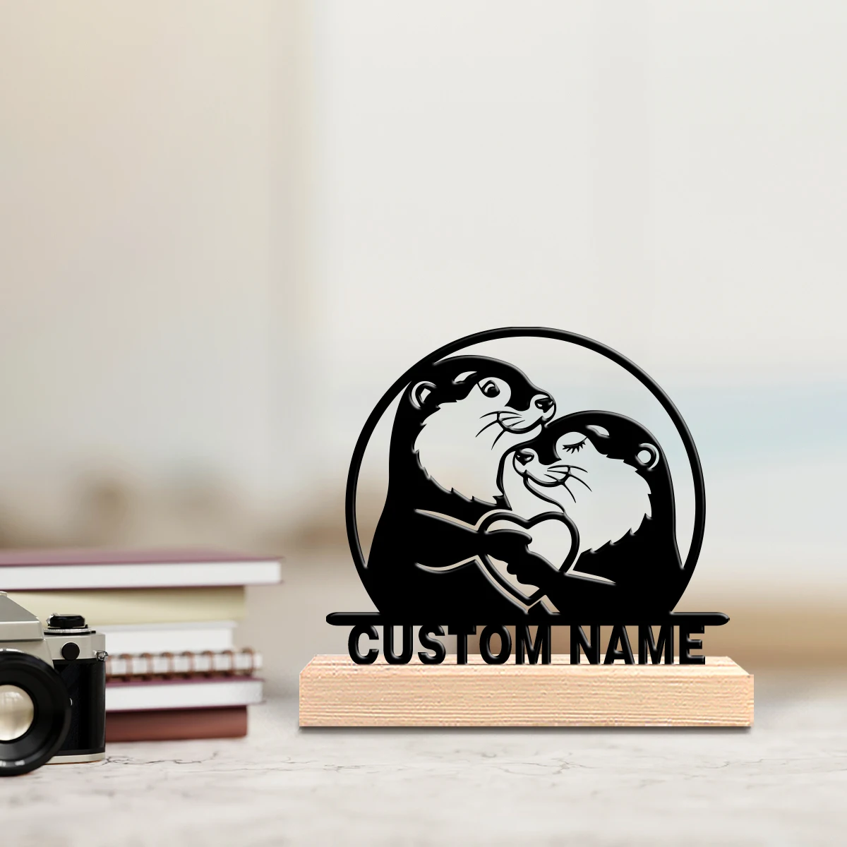1pc Fashion otters Custom Text Iron Statue Iron Ornament Tin Sculpture With Wood Base Handicraft With Wood Base Bedroom Table
