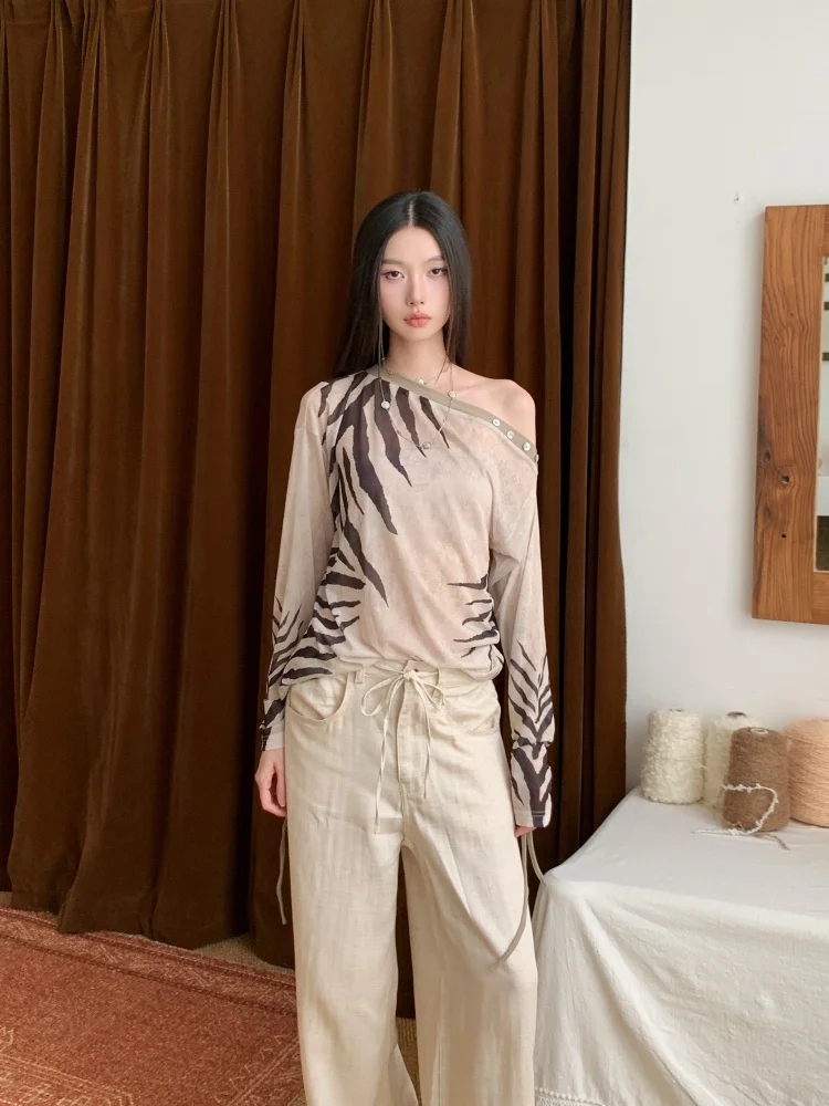 CHEERART Zebra Off Shoulder Designer Long Sleeve Tops 2025 Fall Fashion Khaki Graphic T Shirts For Woman Autumn Clothes