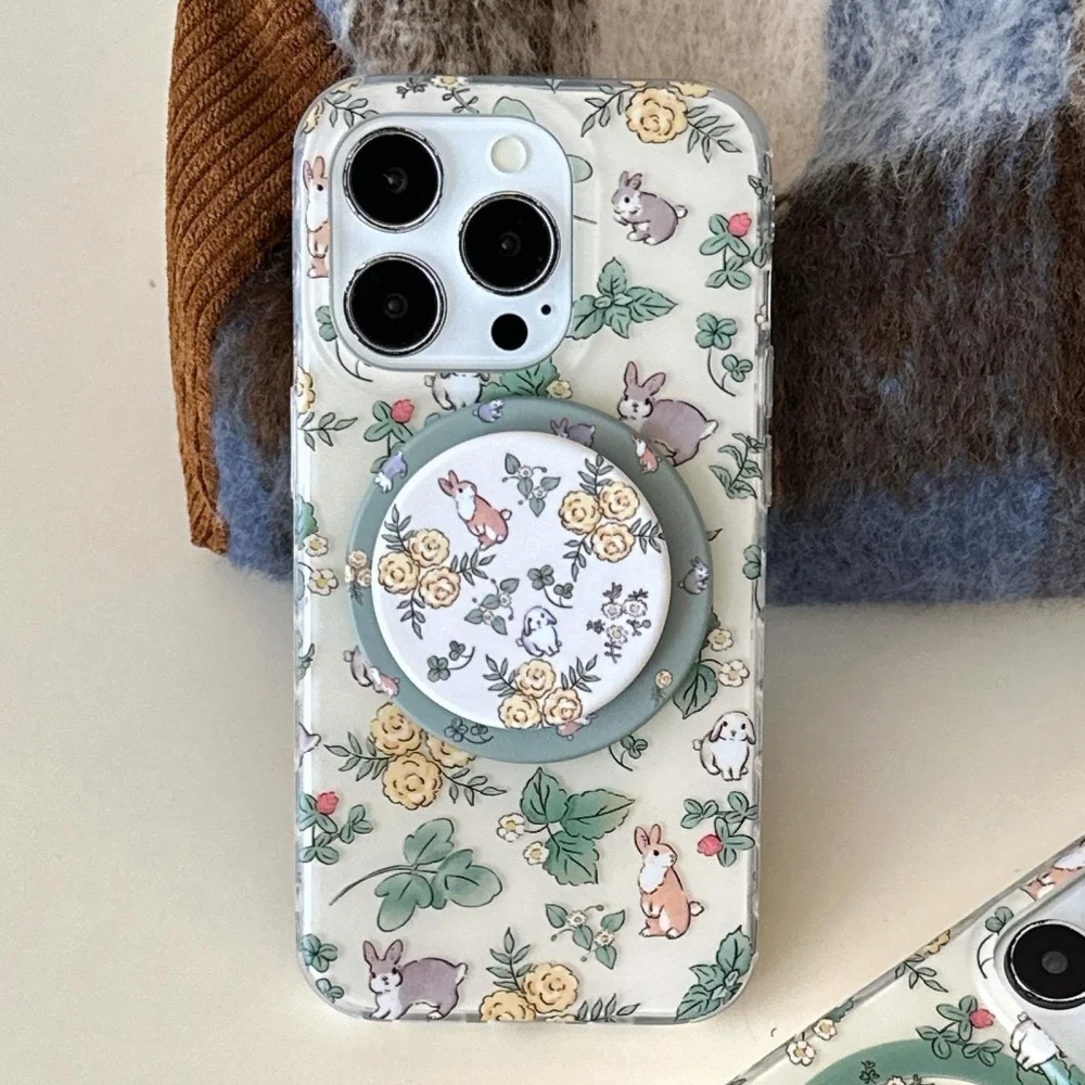 الكورية لطيف الريف زهرة الكرتون الأرنب Magsafe شحن لاسلكي جراب هاتف آيفون 16 حامل مغناطيسي