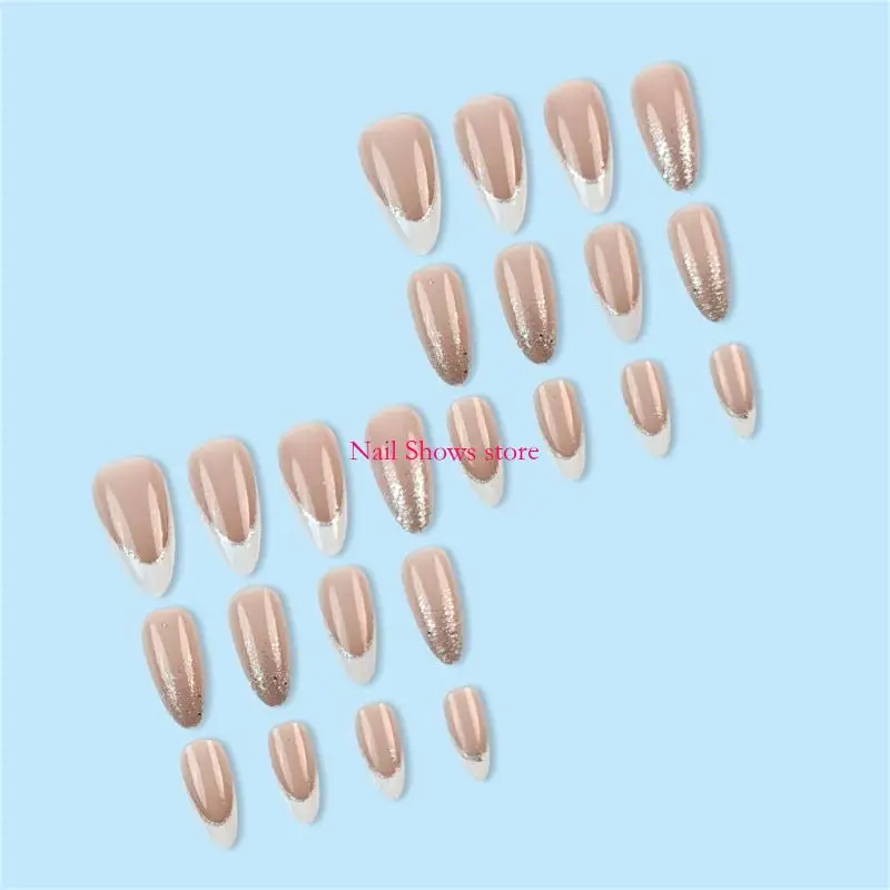 

E0BC Sparkling Full Cover on White French Tip False Length Press On Artificial for Party