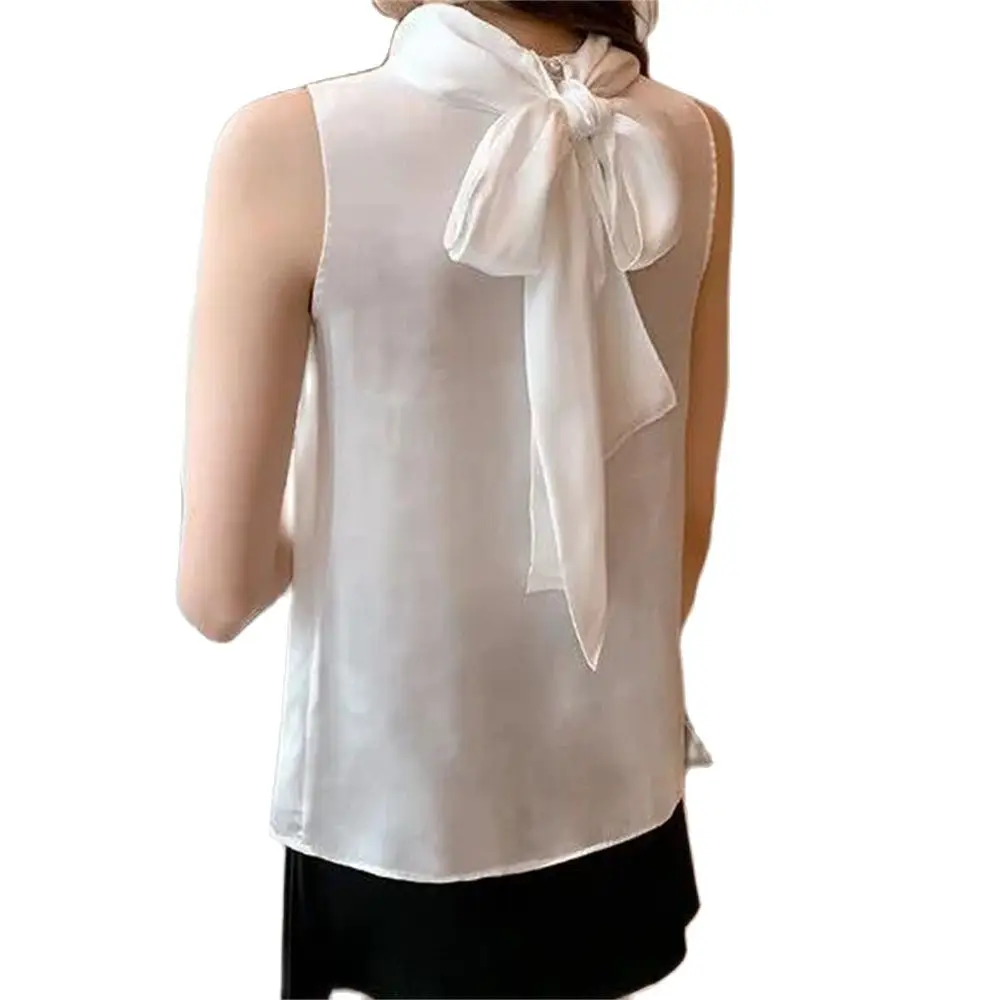 2024 White Turtleneck Back Bow Tie Blusas Tops Clothing Office Lady Fashion Sleeveless Chiffon Shirt Halter Blouse Women Summer