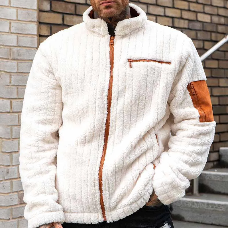 Contrasting Color Design Plush Jacket, Casual Men's Loose Autumn And Winter Thermal Jacket