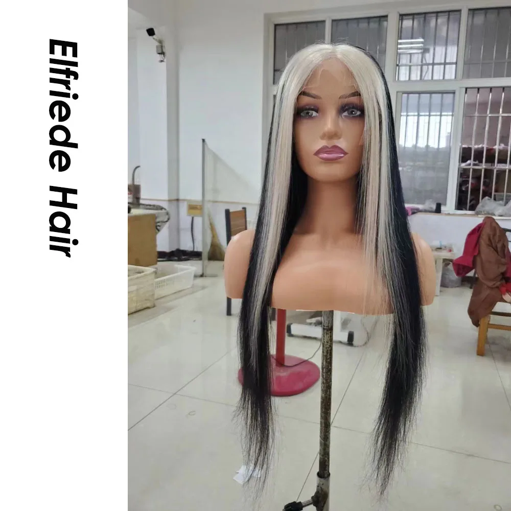 Elfriede Wig lurus #1B/60 Platinum Wig garis sigk Highlight pirang untuk wanita 4x4 13X4 13X6 HD Wig rambut manusia Frontal renda