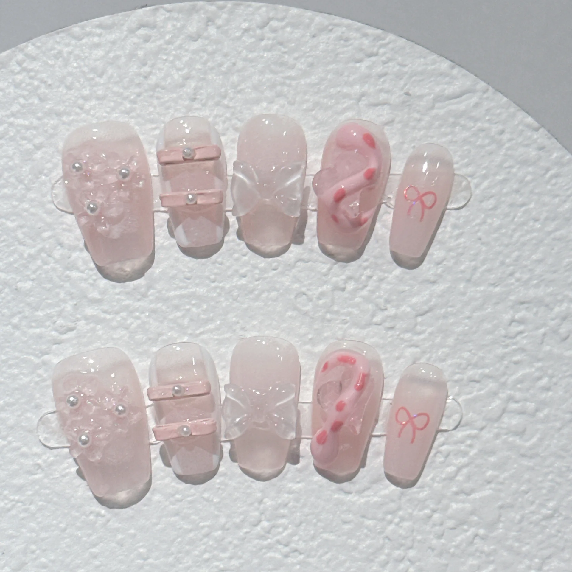 Unhas falsas quadradas curtas, rosa, pressione unhas, cobra fofa, bowknot, desenhos de flores, doce handmade falso prego patch, manicure DIY, 10pcs