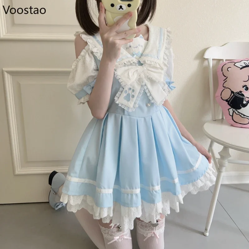 

Japanese Sweet Lolita Princess Dress Women Preppy Style Sailor Collar Bow Cat Embroidery Mini Dresses Harajuku Y2k Party Dress