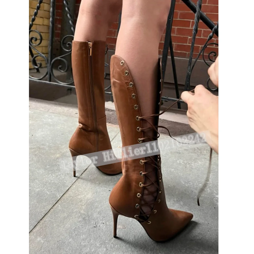 Women'S Brown Pointed Toe Knee High Boots Side Lace Up Stiletto Heel Long Boots Zipper Closure Party Fashion Tall Heeled Booties