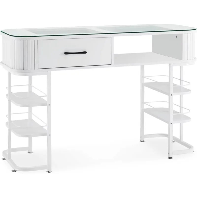 Modern Minimalist Manicure Table, Acetone Resistant Glass Top Manicure Table, Beauty Stylist Equipment, Storage Shelf