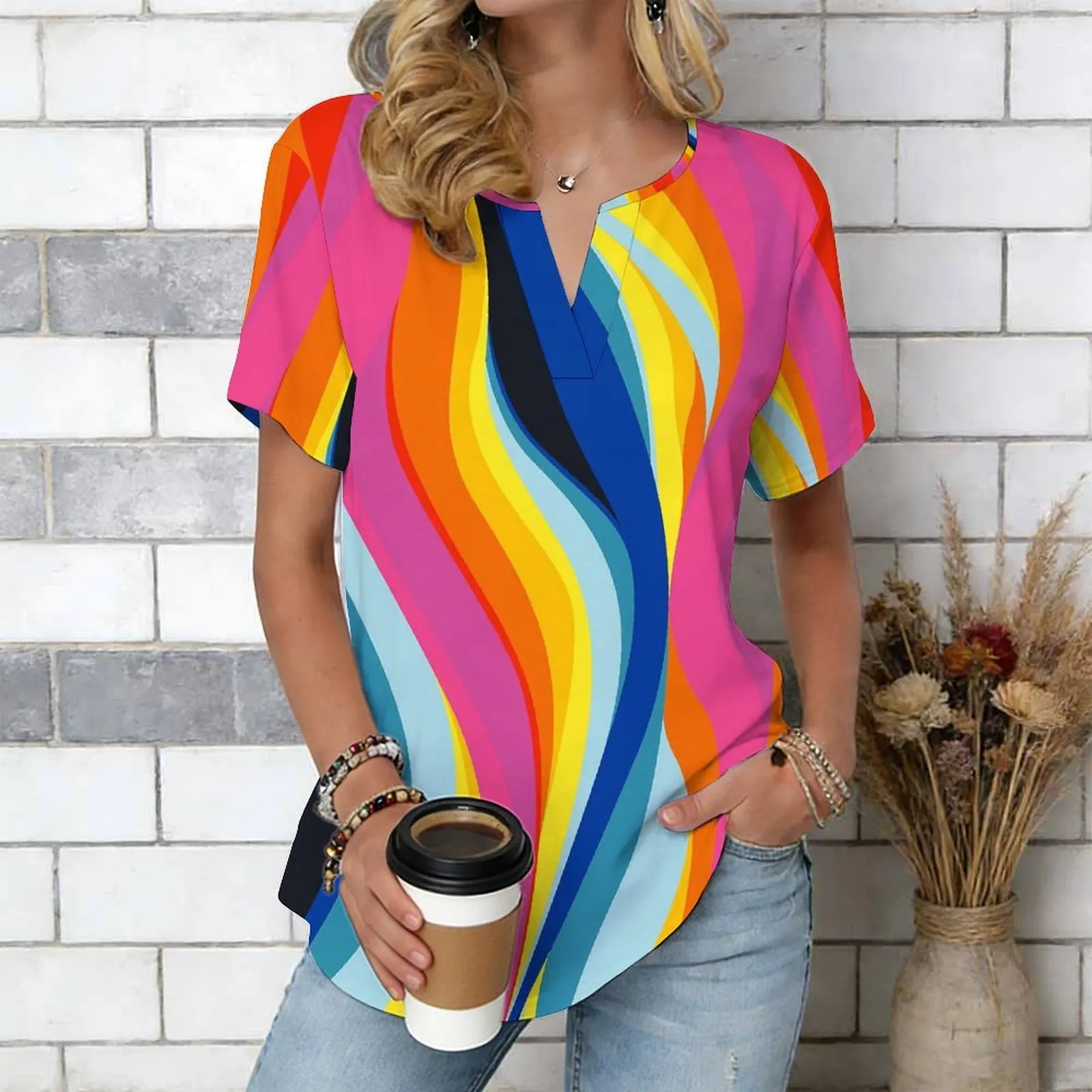 Women Print Notched V Neck Short Sleeve Casual Loose Tunic Tops