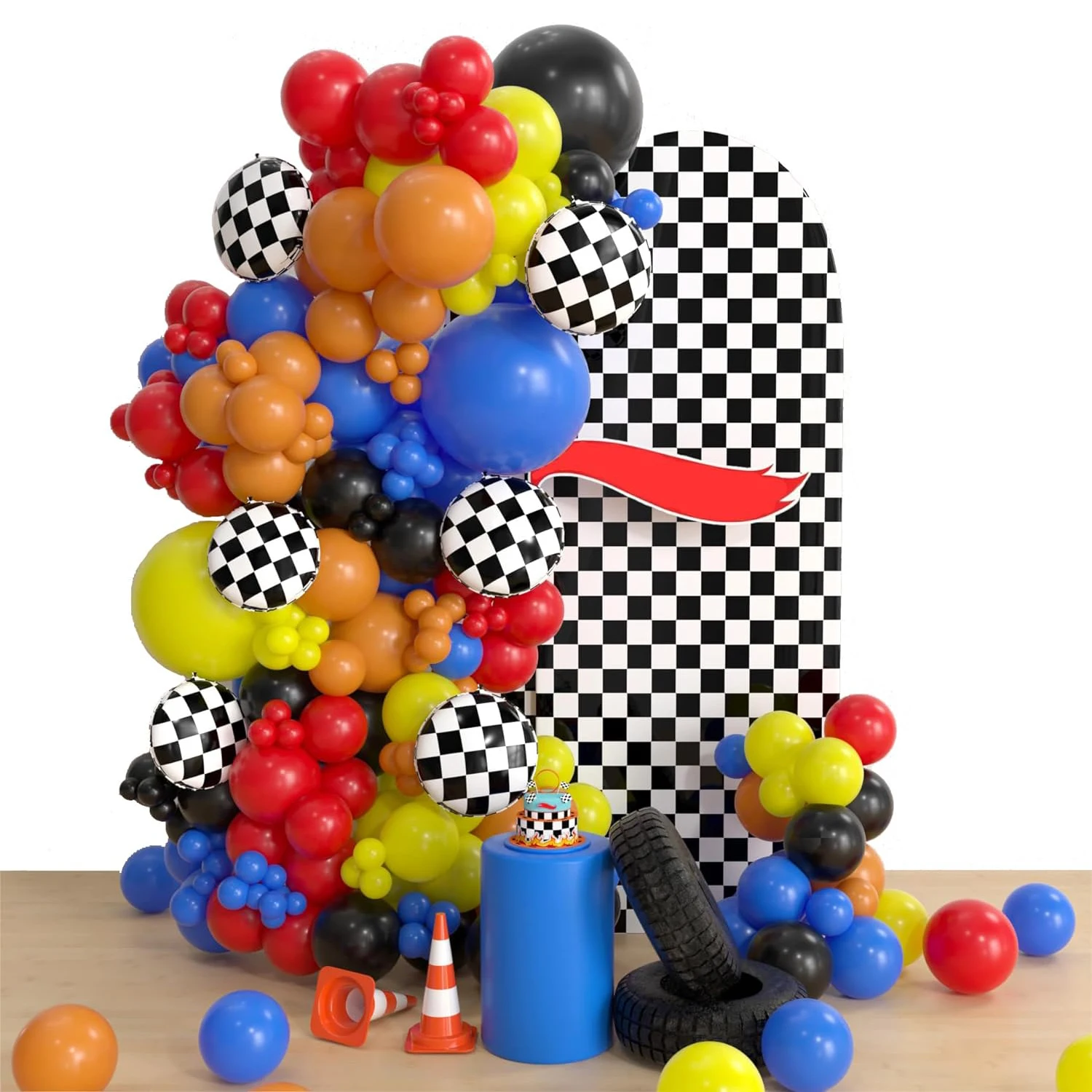 Kit de arco de globos para coche de carreras, 135 Uds., guirnalda de papel a cuadros para decoración de fiesta de cumpleaños de carreras/monstruo (rojo/amarillo/azul/negro)