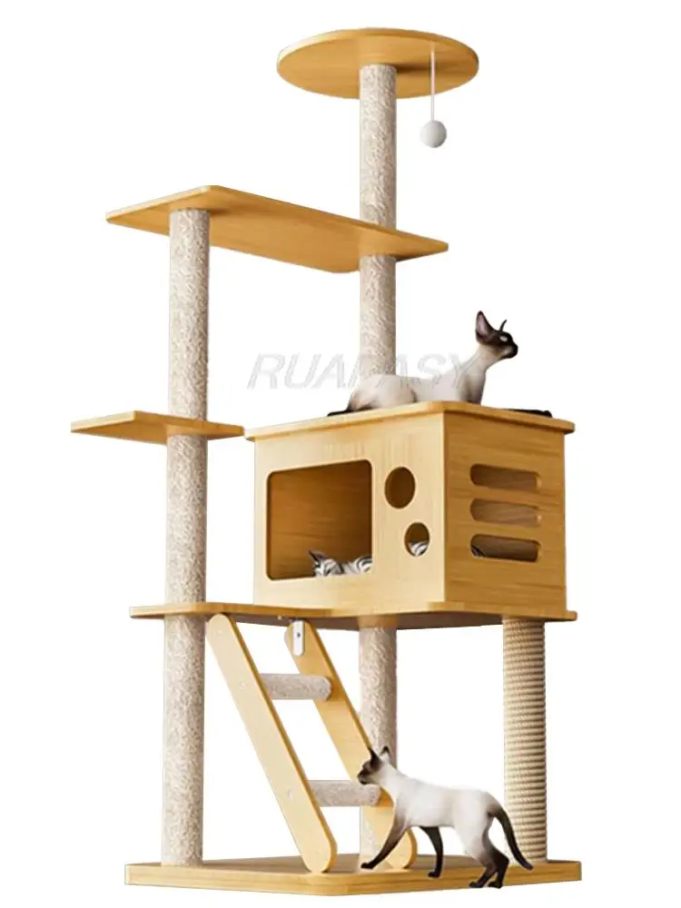 Integrated Multi-Level Cat Tree Nest Wood Cat Climbing Frame Shelf Space Capsule Post Condo Scratching Jumping Platform Tower