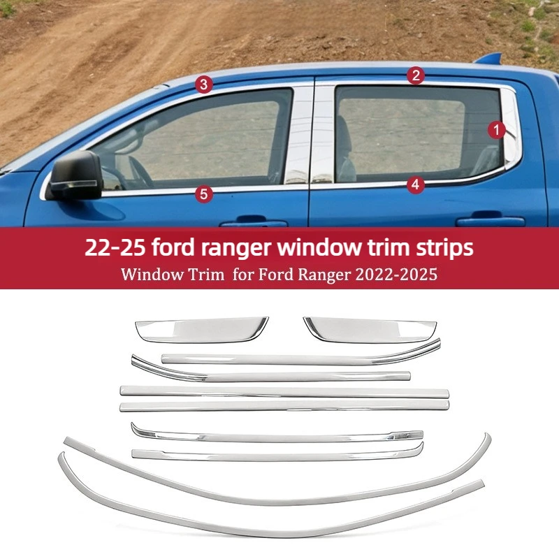 

SFor 2022-2025 Ford Ranger Window Trim Modification Ranger Black Door Frame Chrome Decorative Protection