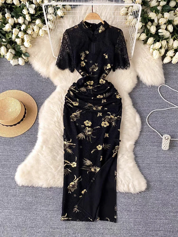 

New Chinese Style Improved Cheongsam Elegant Women's Black Hollowed-out Lace Splicing Hot Gold Printing Short-sleeved Dress