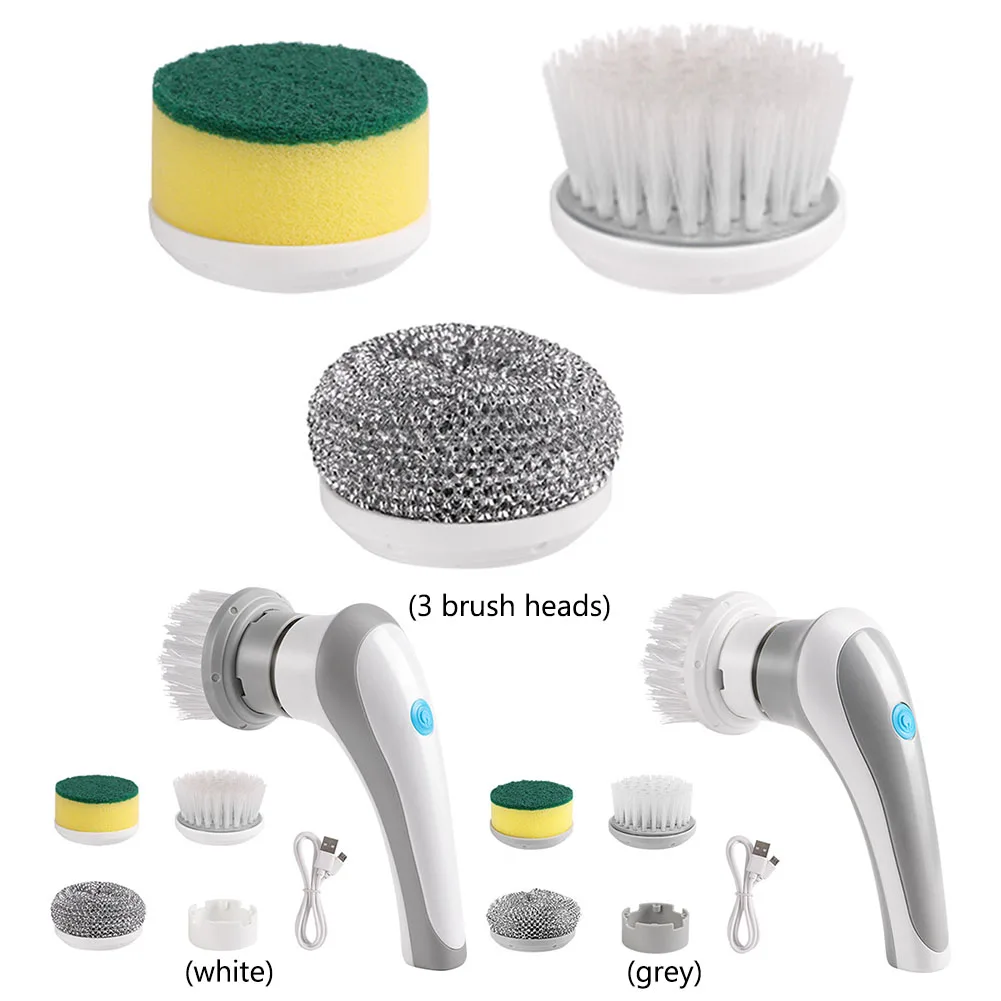 Electric Clean Brush Multifunctional Kitchen Home Cleaning Brush 3 Replaceable Brush Heads Bathroom Kitchen Cleaner