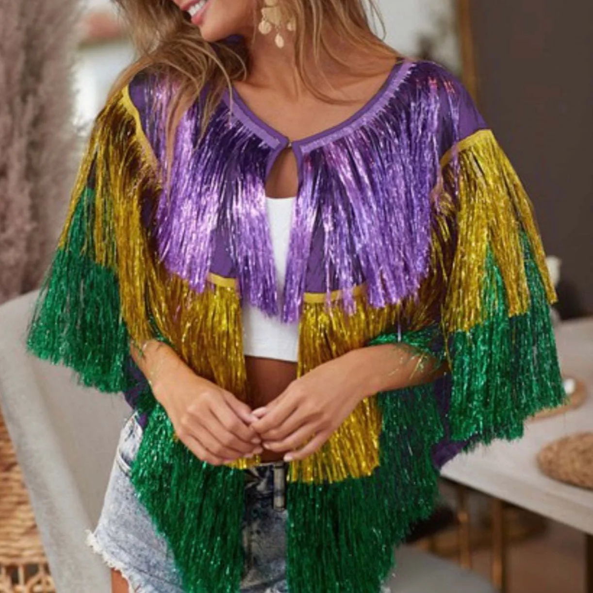 European and American Fashion Carnival Party Wire Poncho Top, Women Spell Color Tassel Bat Sleeve Cape Patchwork Pullover Top