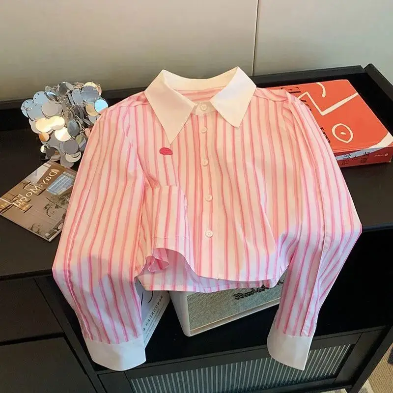 Pink Striped Polo Neck Blouse Spring Long Sleeve Contrast Loose Button Temperament Short Shirt Tops Korean Fashion Women Clothes